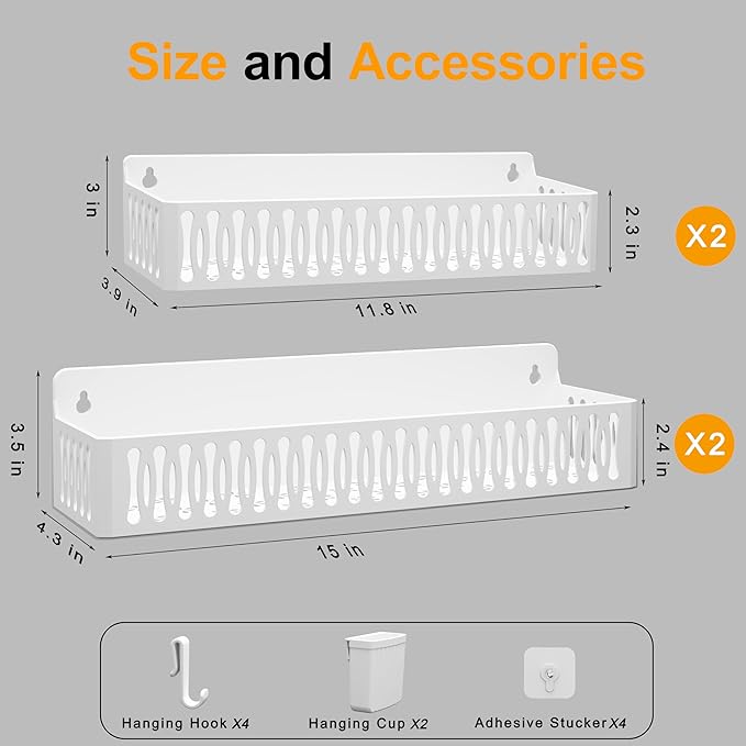 4 Pack Large Magnetic Spice Rack for Refrigerator, Spice Rack Organizer, Moveable Magnetic Shelf Fridge Organizer with 4 Hooks for Kitchen and Oven Organization, White