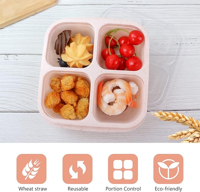 Finorder 6 Pack Snack Containers, Wheat Straw Fiber 4 Compartment Reusable Bento Lunch Box, Meal Prep Lunch Containers for Adults, Food Containers for Picnic, Office and Travel