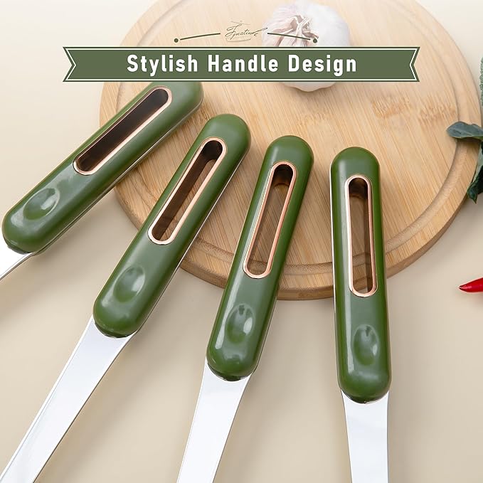 FJNATINH Spatula and Ladle Set - 2 Wok Tools - Universal Ladle and Spatula - Stainless Steel Cooking Utensils and Accessories, 13"-14", Green Handle