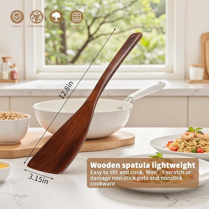 Wooden Spatula for Cooking, Long Handle Corner Spatulas for Frying Pan, Good Grips Right Hand Wood Turner for Cooking Kitchen Utensils