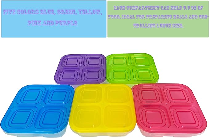AQSXO 5 Pcs Bento Snack Food Containers, Divided Food Storage with Lids for Travel, Reusable Meal Prep Lunch Containers.