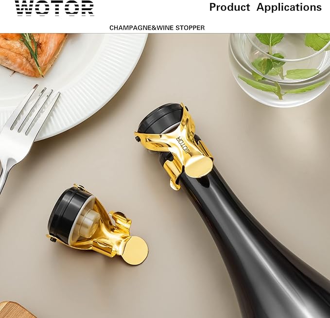 WOTOR Champagne&Wine Bottle Stoppers Stainless Steel with Food Grade Silicone, Leak Proof Keep Fresh Reusable Saver, Cork Suitable for Wine, Champagne, Cava, Prosecco and Sparkling (6 Pack Gold）