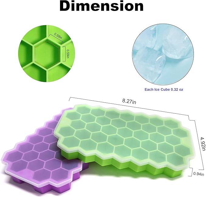 Ice Cube Trays for Freezer with Lid-Silicone Ice Cube Tray with Lid Ice Maker 2 Packs Green,Easy-Release Reusable Ice Cube in Organizer Bins or Ice Bucket for Cocktail bar or Iced Coffee Cup