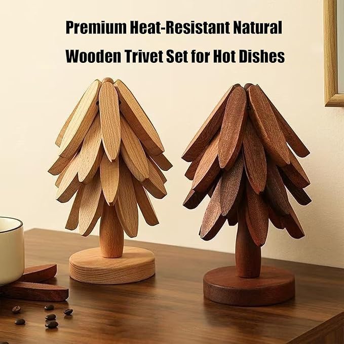 Natural Wood Tree Trivet Set, 𝐍atural Tree Trivet Set - 4 Wooden Trivets,4 Wooden 𝐓rivets & 1 Stand Like a Christmas Trees,for Hot Dish,Pot,Bowl,Teapot,Hot Pot Sets (2Color 3 Trivets,2set)