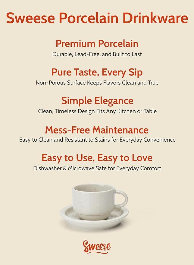 Sweese Porcelain Espresso Cups Set, 2.5 oz, with Saucers, Metal Stand, Stackable - Dove Grey, 4 Pack