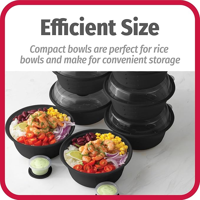 GoodCook 4-Cup Meal Prep Bowls Set with Lids and Dressing Cup, Microwavable Food Storage Containers for Meal Prepping, Black (Pack of 40)