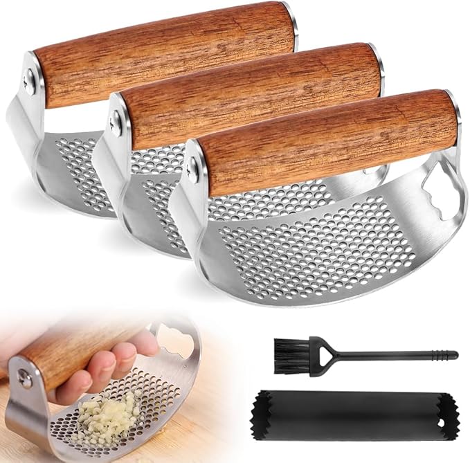 Stainless Steel Garlic Presser, Upgraded Garlic Press Rocker with Peeler and Cleaning Brush, Ergonomic Handle for Cooking Enthusiasts (3 pcs)