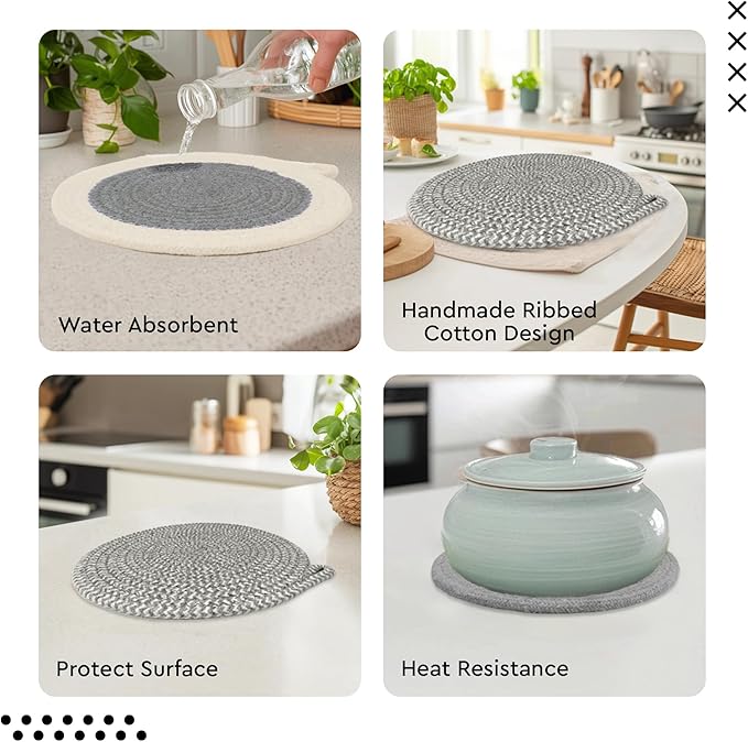 Encasa XO Round Trivet Mats for Hot Dishes with Hanging Loop | Grey Combo - Set of 6 with 7 inch Diameter | Cotton Round Thick Heat Resistant Pot Holders | Use Hot Pads Plate Mats for Hot Pots & Pans