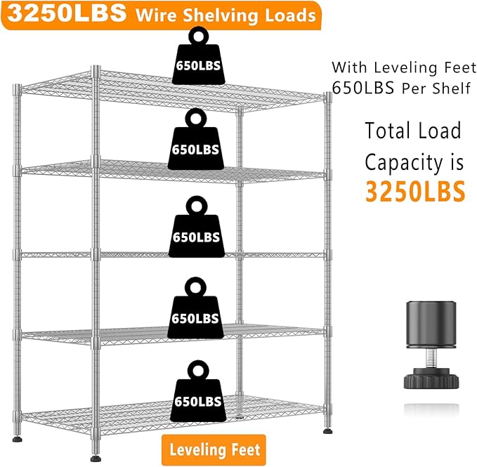 Himimi 5 Tier Wire Shelving with Wheels Heavy Duty Height Adjustable Metal Shelves for Storage, Commercial Grade Steel Utility Wire Rack for Kitchen Garage Pantry Organization-24×48×82, Silver