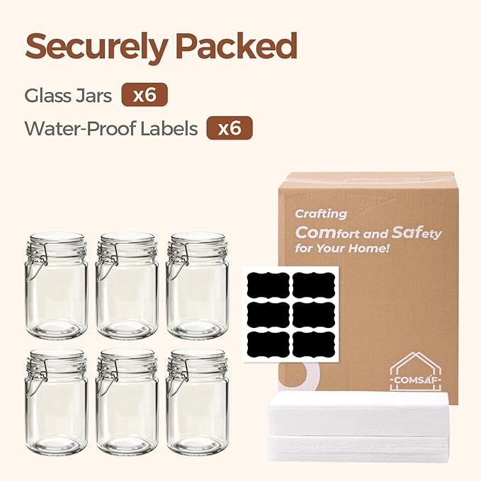 ComSaf Airtight Glass Canister with Lid Set of 6, 25oz Food Storage Jar, Mason Jars, Storage Container with Seal Wire Clamp Fastening for Kitchen Fermenting Preserving Canning Pasta Flour Cereal
