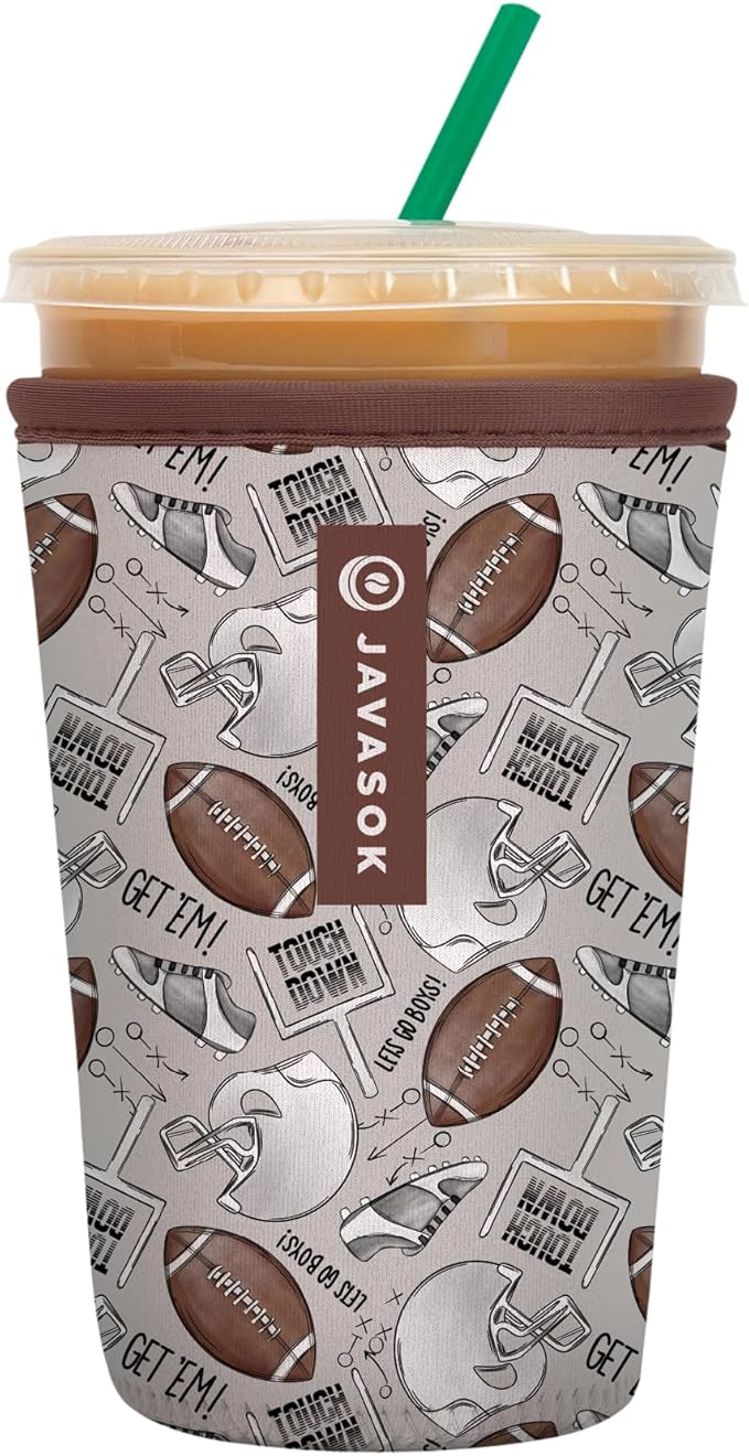 Sok It JavaSok Iced Coffee & Cold Soda Insulated Neoprene Cup Sleeve (Football, Medium: 22-28oz)