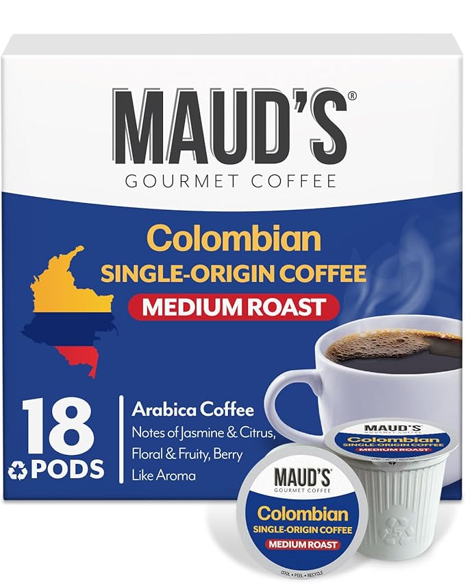 Maud's Columbian Coffee Pods, 18 ct, Single Origin, Medium Roast Coffee in Recyclable Single Serve Pods – 100% Arabica Coffee, Compatible with Keurig K Cups Maker