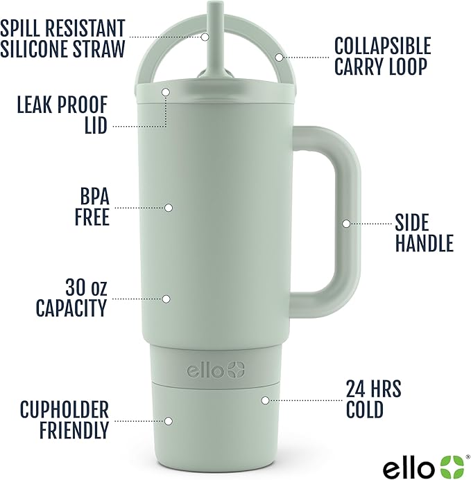 Ello Port 30oz Tumbler with Carry Loop & Integrated Handle | Vacuum Insulated Stainless Steel Reusable Water Bottle Travel Mug | Leak Proof Lid | Flexible Straw | BPA-Free | Dishwasher Safe | Sage