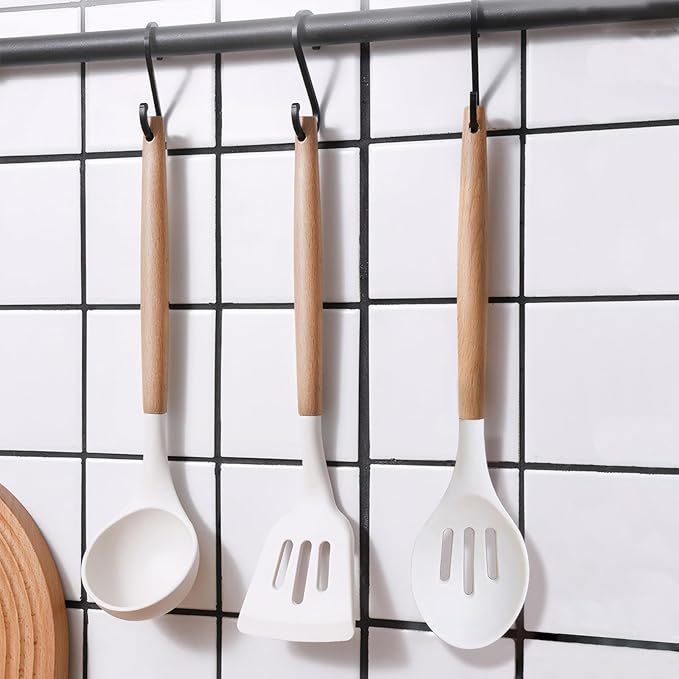Kitchen Cooking Utensils Set 6Pcs Non-Stick Silicone Kitchen Utensils Spatula Spoon Turner Ladle Pasta Server, Heat Resistant Wooden Handle Silicone Cooking Gadgets Sets for Cookware & Baking