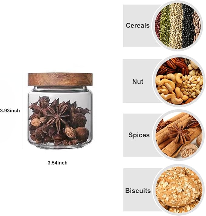 Glass jar candy Containers - 16oz kitchen Glass Airtight Storage jar With Acacia Airtight Lid，for kitchen Seasoning, coffee bean, tea, suger, herbs (4)