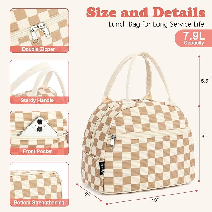 FlowFly Lunch Bag for Women Insulated Lunch Box Corduroy Lunch Tote Cooler for Travel Work Picnic,Corduroy Plaid Khaki