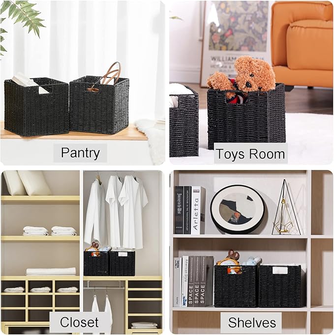 Vagusicc Storage Basket, Set of 2 Hand-Woven Storage Baskets for Organizing with Handles, Foldable Cube Storage Baskets Bins Organizer, 13 inch Large Wicker Baskets for Shelves & Decor, Black