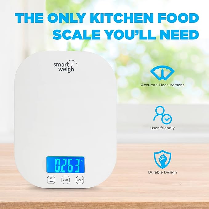 Smart Weigh White Digital Kitchen Scale for Cooking, Weight Loss, Calorie Tracking, Baking, Food Portion Control, and Meal Prep - Accurate Measurements in Grams and Ounces