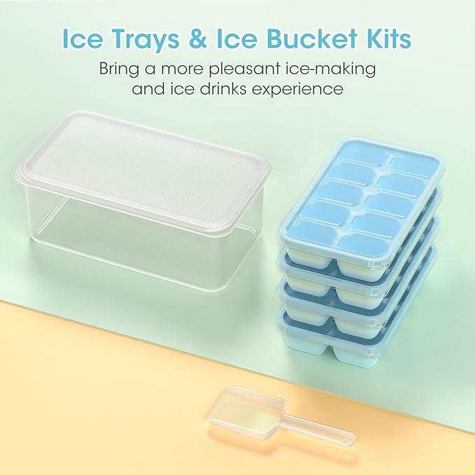 DOQAUS Ice Cube Tray with Lid and Bin, 4 Pack Silicone Plastic Ice Cubes Trays for Freezer with Box/Container, Stackable with Storage Iced Bucket Kits, Scoop, for RV, Soup, Food, Cocktail, Coffee