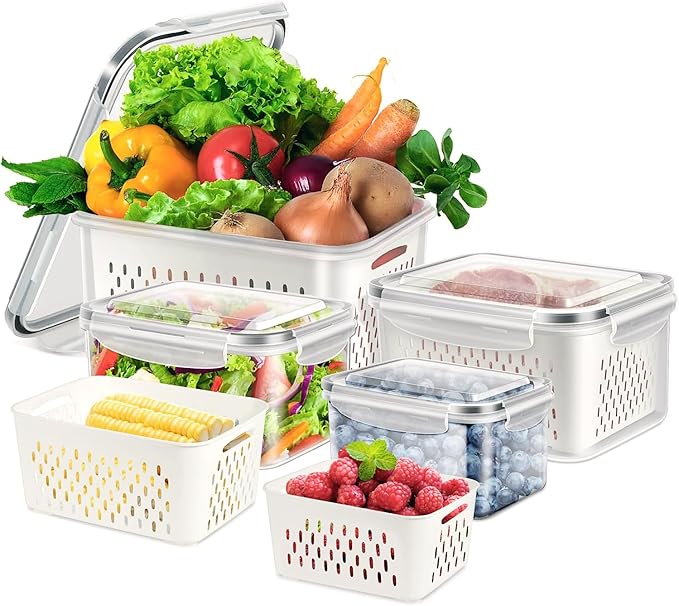 4 PCS Fruit Storage Containers for Fridge with Lids and Strainer, Fruit Containers for Fridge,Plastic Fresh Produce Saver Keeper for Vegetable Fruit Salad, BPA Free Fruit Organizer for Refrigerator