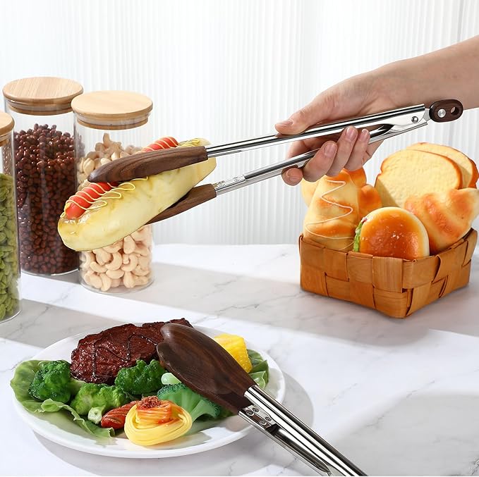 Baderke 2 Pcs Walnut Wooden Kitchen Tongs for Cooking Wooden Utensil Set Salad Tongs with Wood Tips for Serving Salad Flipping Burgers Grilling and Much More, Set of 2, 11.4 inch and 14.6 inch