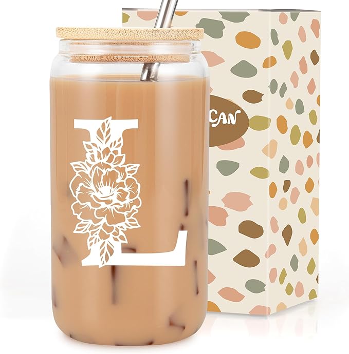 Coolife Initial Glass Cup, Monogrammed Gifts for Women, 16 oz Glass Cups w/Lids Straws, Iced Coffee Smoothie Beer Tumbler w/Straw Lid - Personalized Christmas, Birthday Gifts for Her Mom Friend Woman