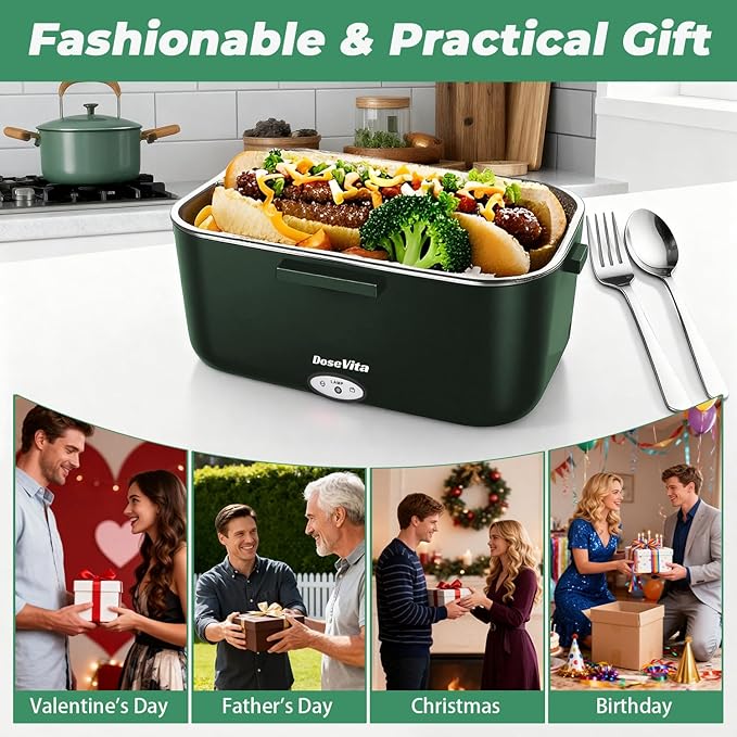 Electric Lunch Box for Adults, 80W Heated Lunch Box, 1.5L Stainless Steel Container | 12V/24V (Car/Truck) & 110V (Office/Home) | with Fork&Spoon and Insulated Carry Bag