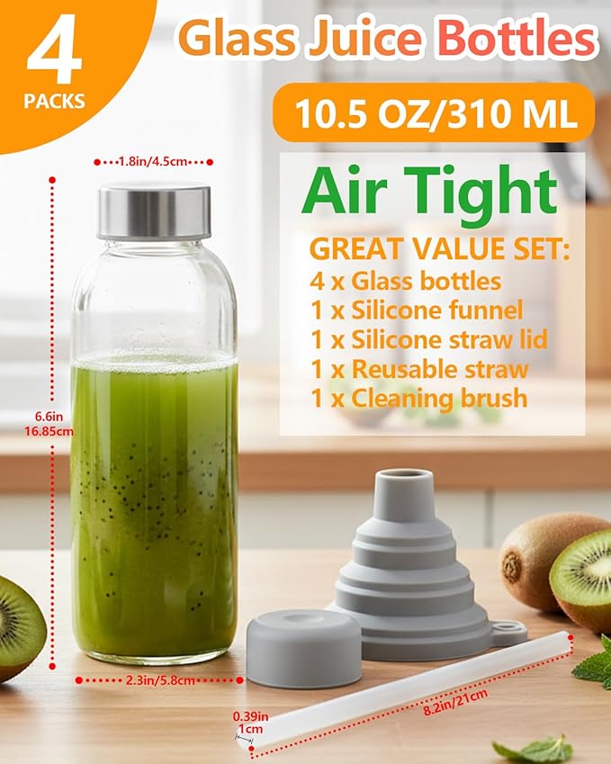 Zukro Clear Glass Juice Bottles 10.5 oz, 4 Pack Reusable 300ml Glass Jars With Airtight Stainless Steel Lids for Juicing, Milk, Ginger Shot, Smoothie, Leak Proof Small Water Container, BPA Free