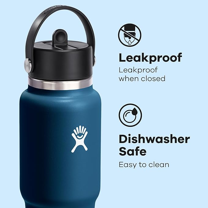 Hydro Flask Travel Water Bottle - Insulated Stainless Steel - Wide Straw Lid, Non Spill, Leakproof in 32 Oz Indigo Blue