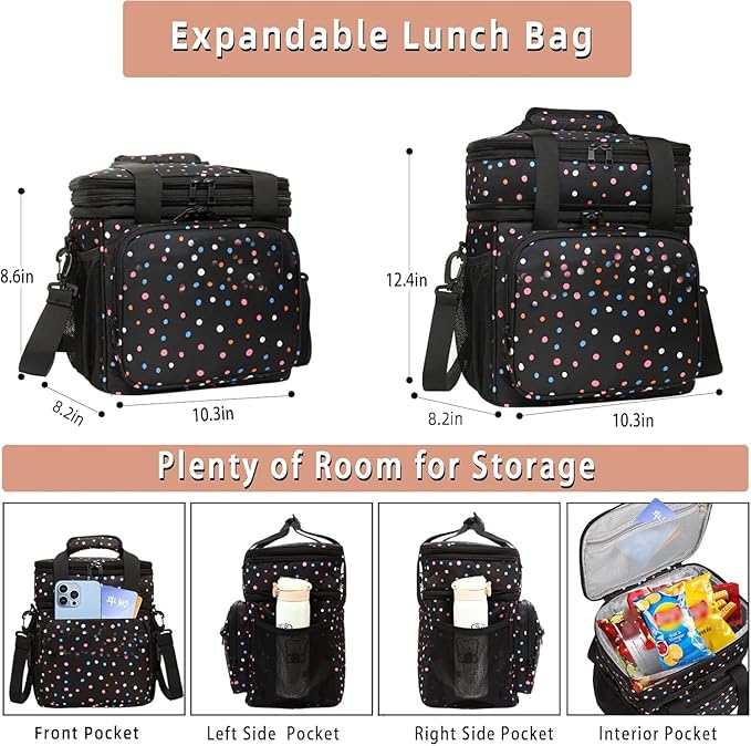 Expandable Insulated Lunch Box, Double Deck Lightweight Large Lunch Bag Tote Leakproof Cooler Bags for Women Adults Work Outdoor Picnic Daytrip, Polka Dots, 16L