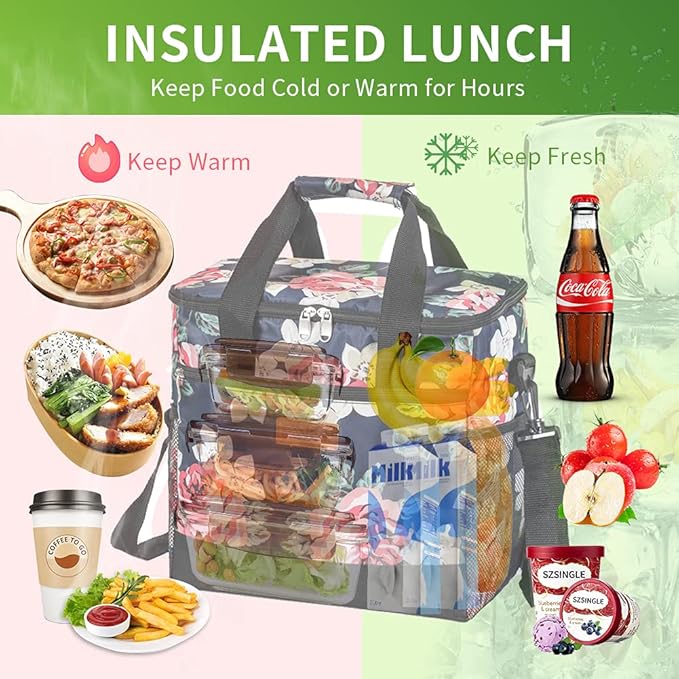 Iknoe Large Cooler Bag Collapsible 24 Can Insulated Bags Leakproof Lunch Cooler Tote with Multi-Pockets for Adult Insulated Thermal Bag for Beach, Picnic, Office Work(Flower)