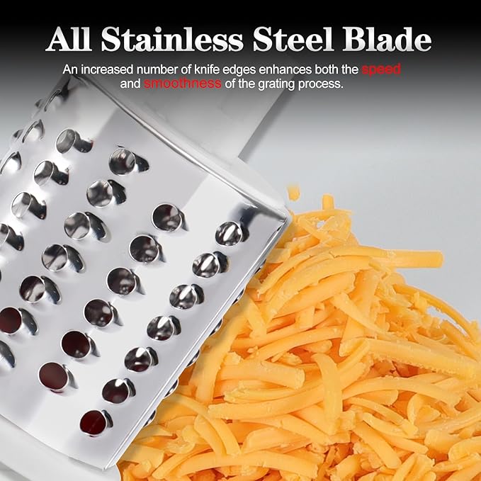 Ourokhome Rotary Cheese Grater Hand Crank, Kitchen Shredder Speed Mandolin Slicer Nut Grinder with Handle and Drum Blades for Cheese, Vegetable, Walnut, Chocolate, Potato, Carrot, 3 Blades, Blue