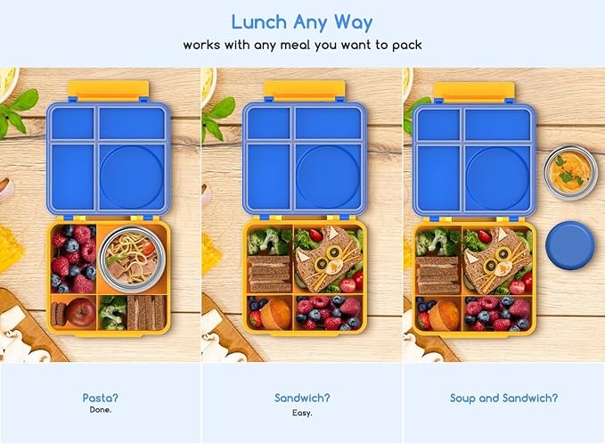 Bento Box for Kids - Leak-Proof Bento Lunch Box with Insulated Thermos Food Jar - 4 Compartments, 1 Removable Divider, 1Spoon, 1 Fork - Dishwasher Safe, BPA-Free (Blue)