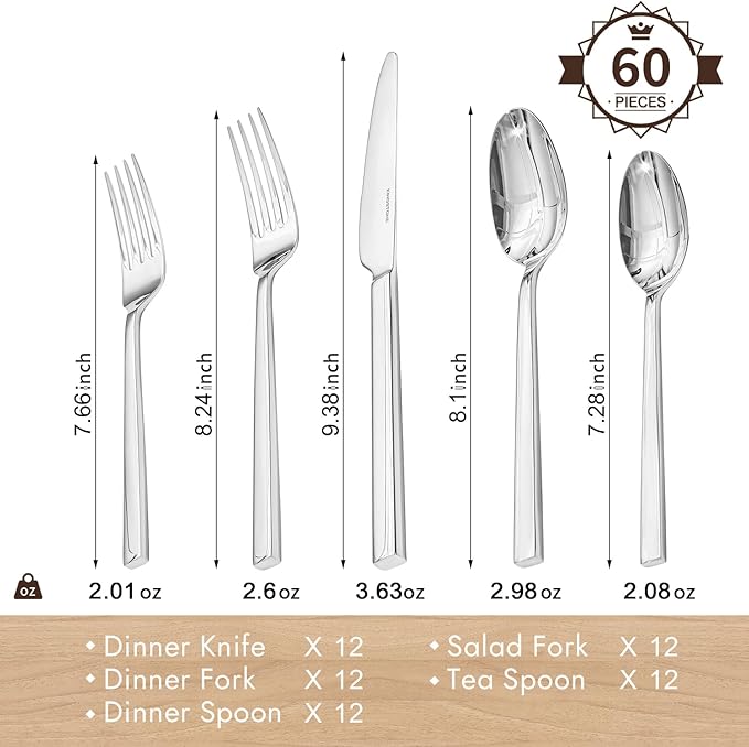 KINGSTONE Silverware Set, 60-Piece Flatware Cutlery Set Premium Stainless Steel, Service for 12, for Kitchen, Home, Wedding, Party, Mirror Polished and Dishwasher Safe