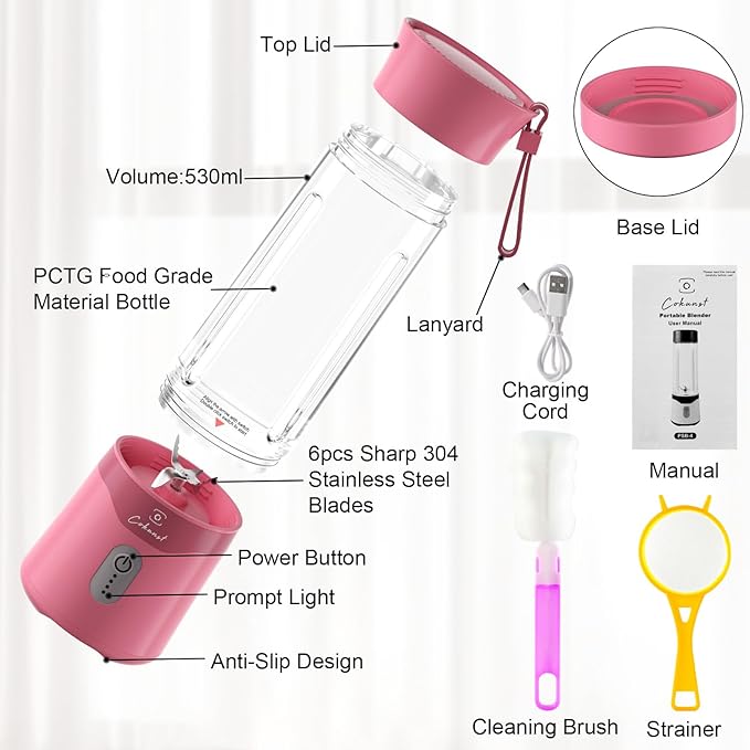 COKUNST 18oz Portable Blender, USB Rechargeable Personal Size Blenders, Smoothie Blender with 6 Blades for Protein & Shakes, Mini juicer with Extra Handle Lid for Travel Sports Outgoing-Pink