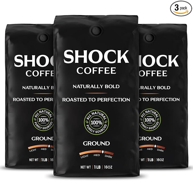 Shock Coffee Ground, The Strongest Caffeinated All-Natural Coffee, Up to 50% more Caffeine. 3 pounds