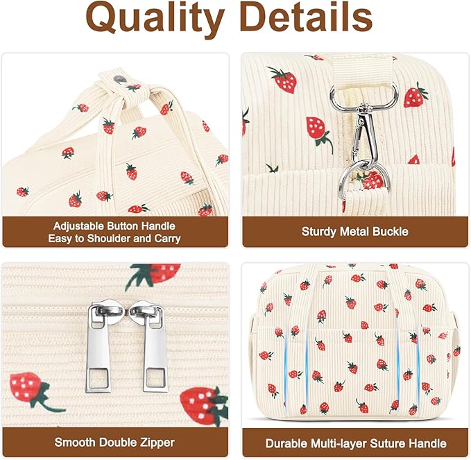 Corduroy Lunch Box Lunch Bag for Women Adults Men, Cute Strawberry Insulated Work Reusable Leakproof Simple Large Lunch Boxes Tote Bag Adults Cooler Bag, with Shoulder Strap