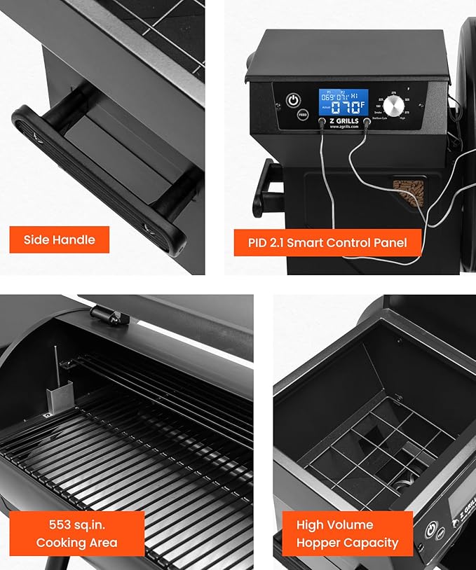 Z GRILLS ZPG-550B2 Wood Pellet Grill & Smoker with PID 2.1 Controller, 553 sq in Cooking Area, Meat Probe, Hopper Cleanout, 8 in 1 BBQ Grill Outdoor Auto Temperature Control, Black