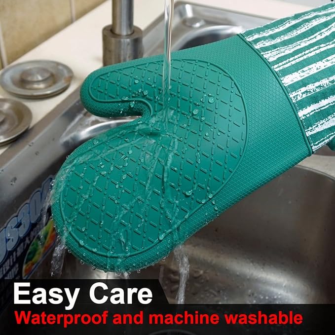 Silicone Oven Mitts Heat Resistant 932℉ with Waterproof & Non-Slip Kitchen Mittens, Set of 2 Extra Long Oven Gloves with Soft Cotton Terry Lining for Baking Cooking Barbecue (Emerald Green, 2)