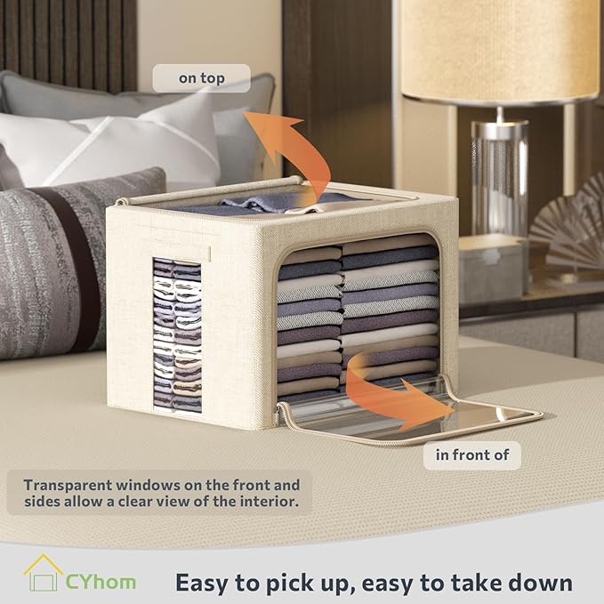 CYhom Clothes Storage Bins Box - Linen Fabric Foldable Stackable Container Organizer Set with Clear Window & Carry Handles & Metal Frame - 2Pack Large Capacity for Bedding, Blankets, Books