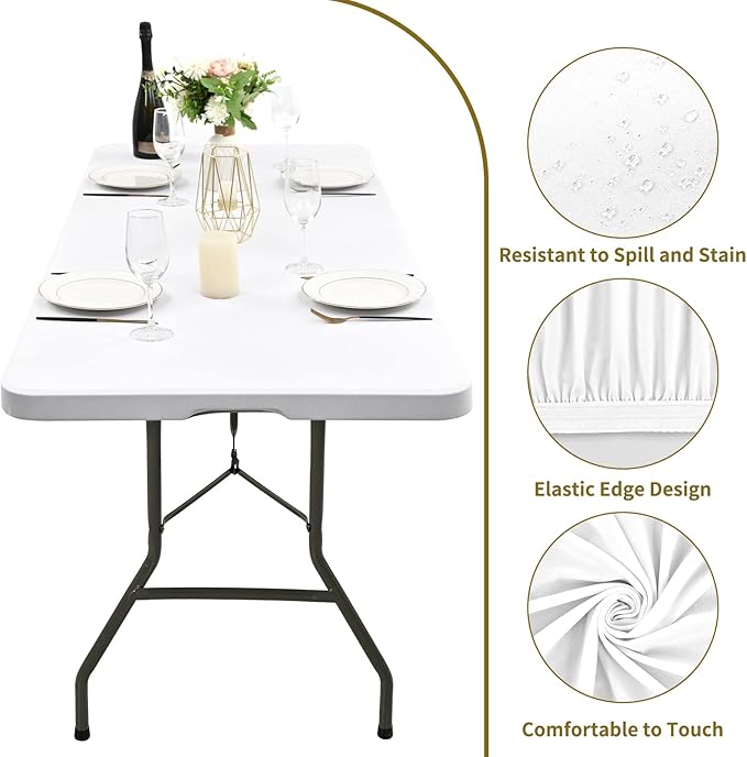 6 Pack Stretch Fabric Table Top Cap Cover, fits 8' Tables, Spandex Table Covers Washable Elastic Universal Rectangle Tablecloth Protector for Indoor Outdoor Party Picnic Wedding, White, 30" W x 96" L