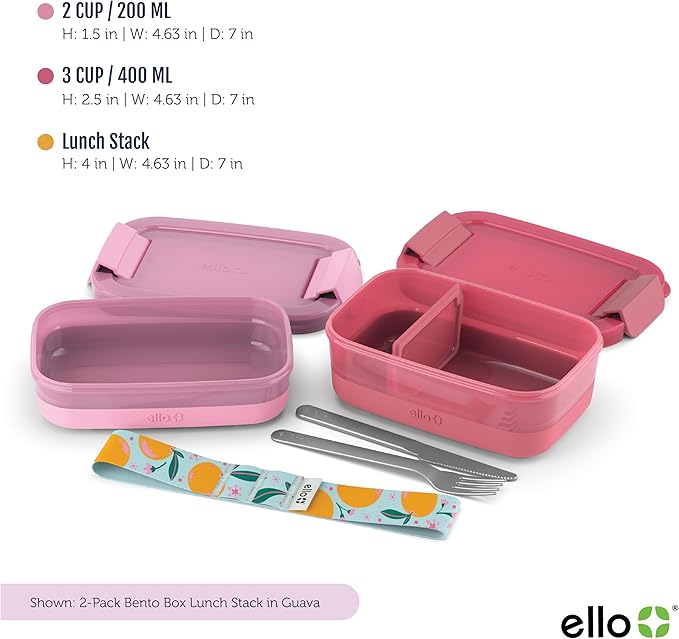Ello 2-Pack Lunch Stack Plastic Food Storage Container Bento Box with Airtight, Leak-Proof Locking Plastic Lids and Silicone Base, BPA-Free, Freezer, Microwave, and Dishwasher Safe