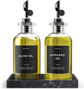 Clear Glass Olive Oil Dispenser Bottles For Kitchen With Silicone Tray & 40 Labels, Soy Sauce Dispenser, Coffee Syrup Dispenser, Olive Oil Bottles Set Of 2, Black 500ml / 17oz