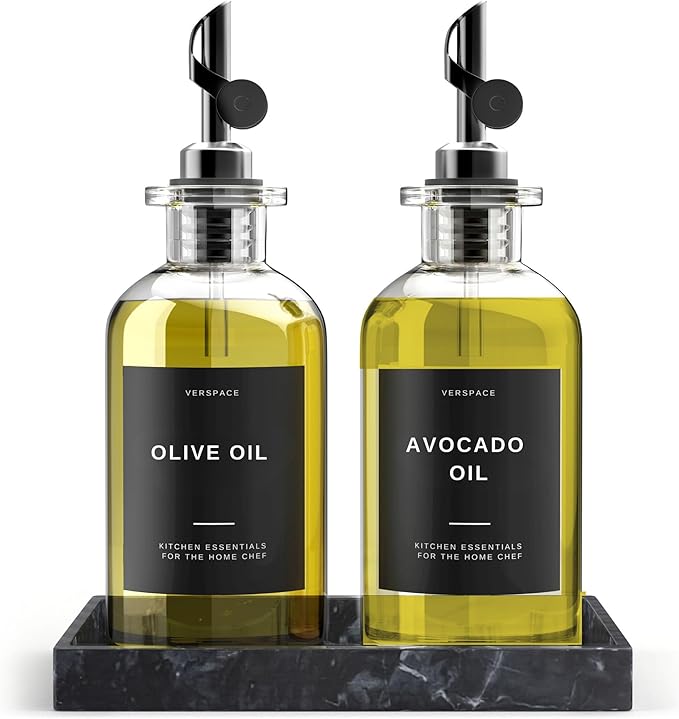 Clear Glass Olive Oil Dispenser Bottles For Kitchen With Silicone Tray & 40 Labels, Soy Sauce Dispenser, Coffee Syrup Dispenser, Olive Oil Bottles Set Of 2, Black 500ml / 17oz