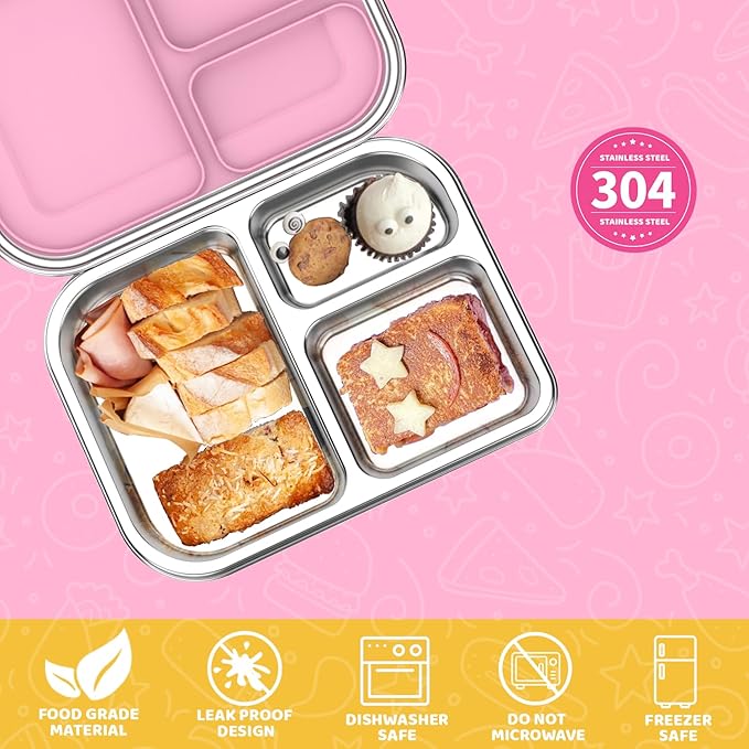 Stainless Steel Lunch Box 1000ml - 3 Compartment Bento Box for Kids & Adults, Leakproof Food Container, BPA-Free Metal Lunch Box with Silicone Seal, Eco-Friendly/Dishwasher Safe (Pink)