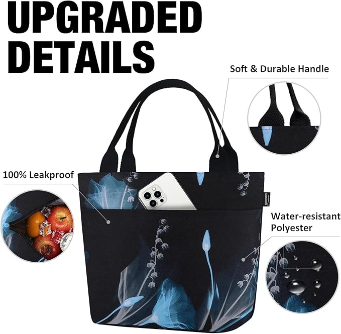 Aosbos Lunch Tote Bag, Insulated Lunch Box for Women, Leakproof Lunch Cooler Purse for Work, Black Dream Flower