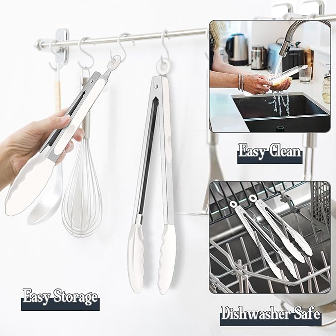 TeamFar Kitchen Tongs, 9" and 12" Stainless Steel Cooking Tongs with Silicone Tips for Cooking Grilling Serving & BBQ, Heat Resistant Silicone Tongs, Locking Design & Dishwasher Safe, Set of 2 & White