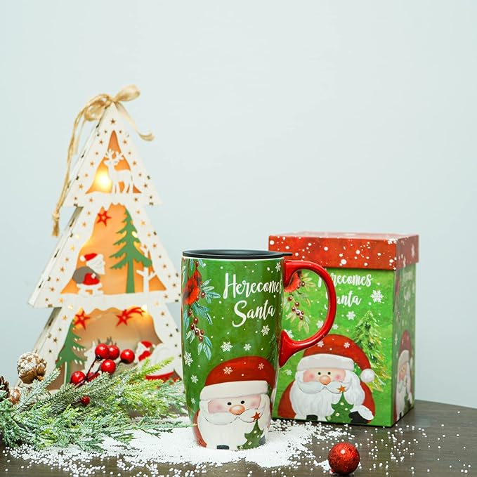 Topadorn Christmas Ceramic Mug Coffee Cup with Sealed Lid and Gift Box Latte Mug, 17oz. Here Comes Santa Claus