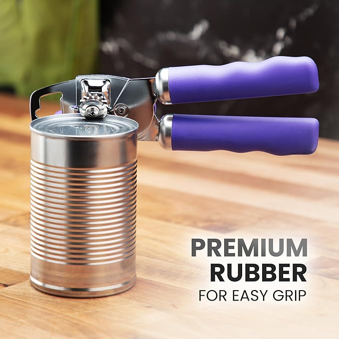 Zulay Kitchen Heavy Duty Stainless Steel Can Opener Manual with Bottle Opener - Rust Proof Manual Can Opener With Turn Knob & Comfy Soft Grip Handles - Purple