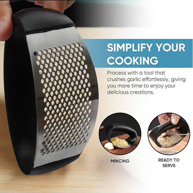 Fourteen Homes Steel Garlic Press - Premium Garlic Mincer Garlic Crusher - New Innovative Garlic Masher with Peeler - Rust Proof - Sturdy Grip (Black)